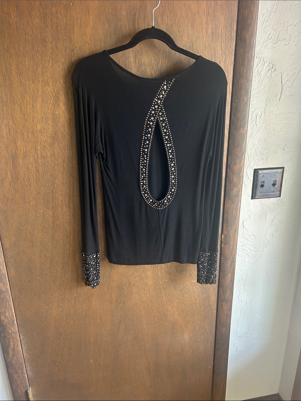 Buckle Black Long Sleeve Top with Studded Teardrop Back